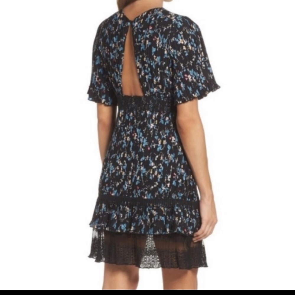 Chelsea28 Pleaded Black Vine Floral Lace Detail Waistline Midi Dress
